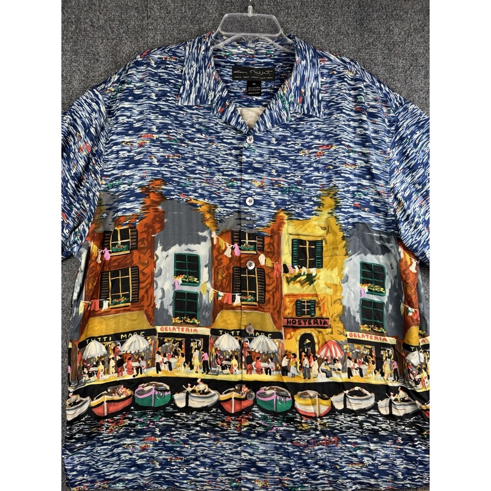 Vintage Guy Buffet Venice Art Scene Silk Men's Short Sleeve Button Up Size XL
